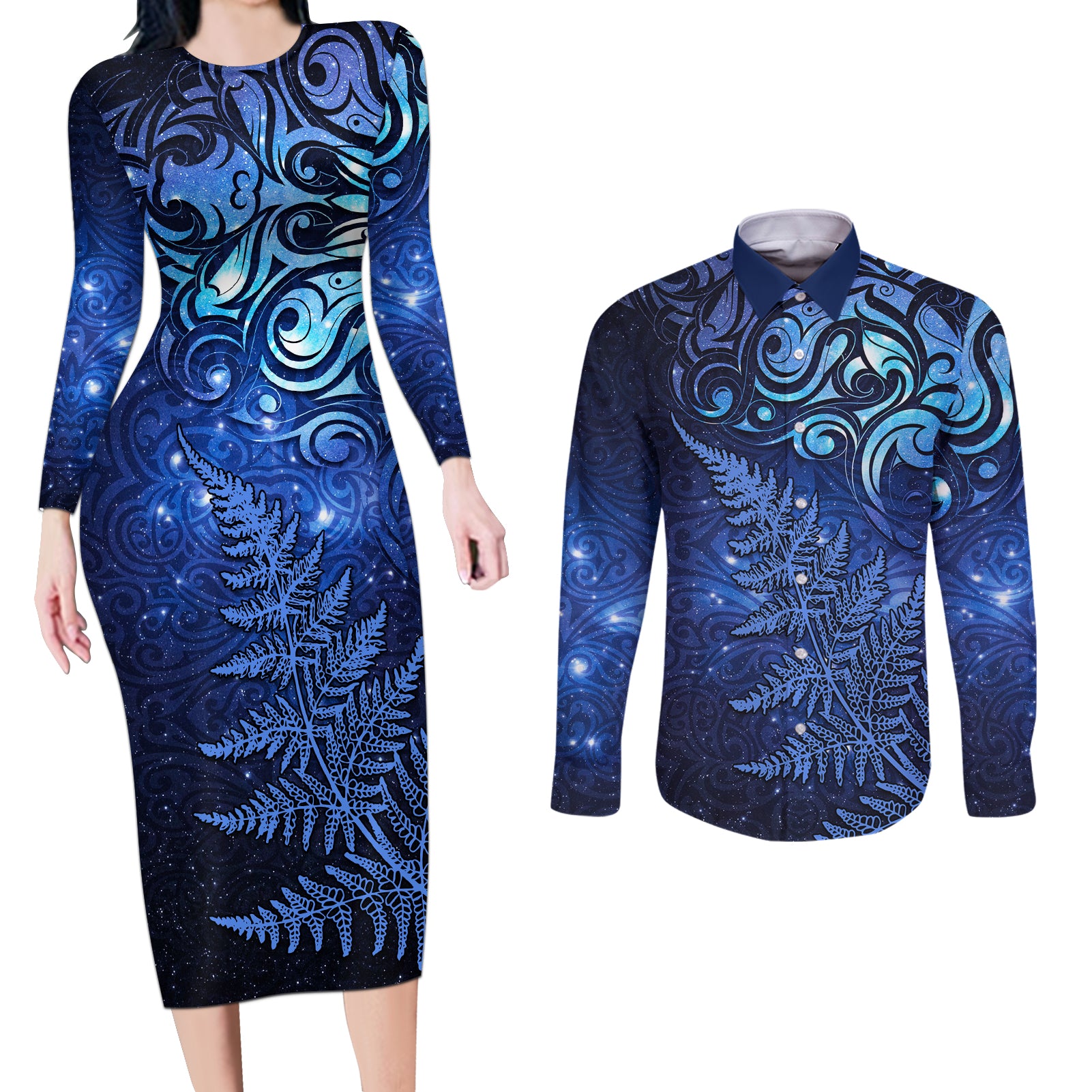 New Zealand Matariki Couples Matching Long Sleeve Bodycon Dress and Long Sleeve Button Shirt Maori Pattern and Silver Fern