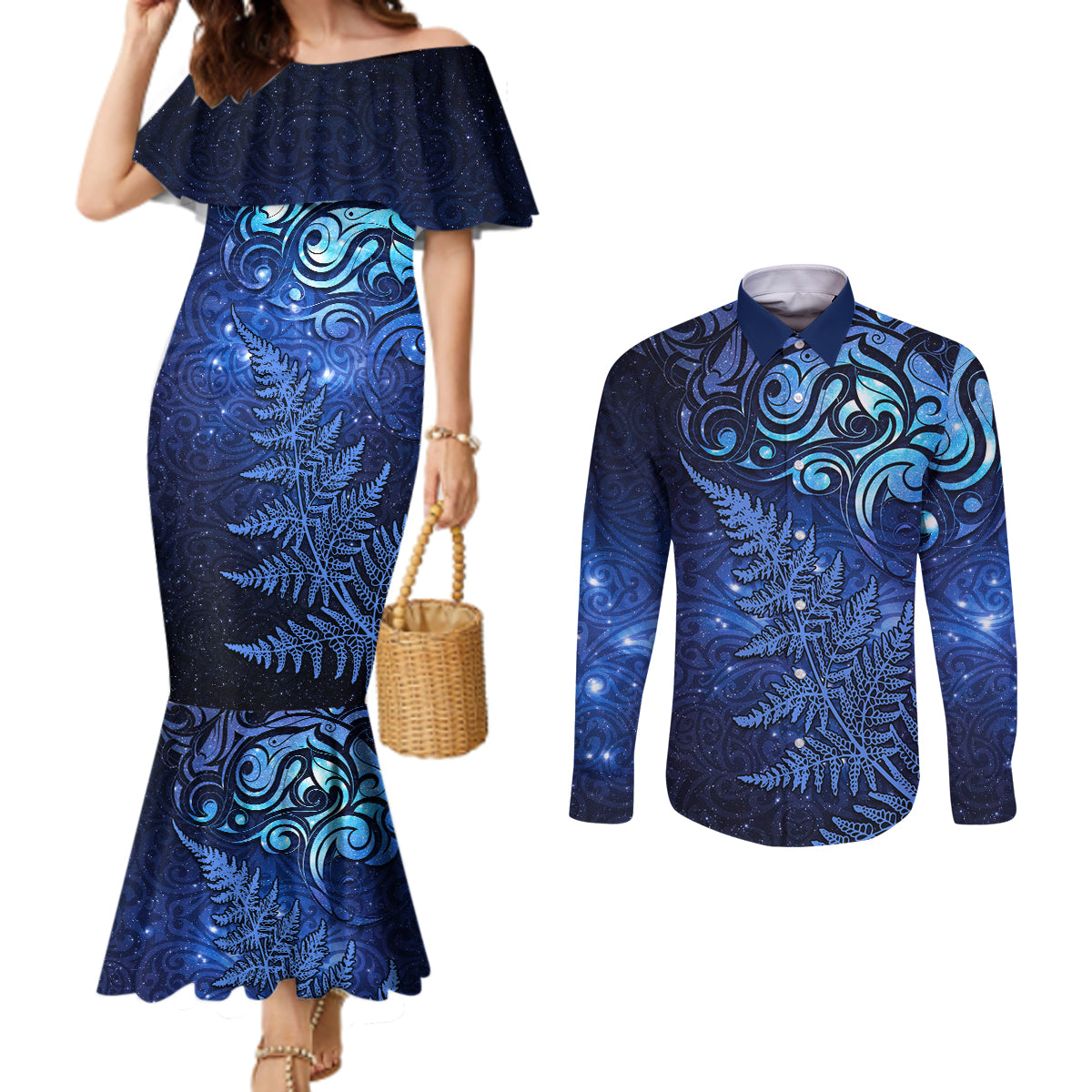 New Zealand Matariki Couples Matching Mermaid Dress and Long Sleeve Button Shirt Maori Pattern and Silver Fern