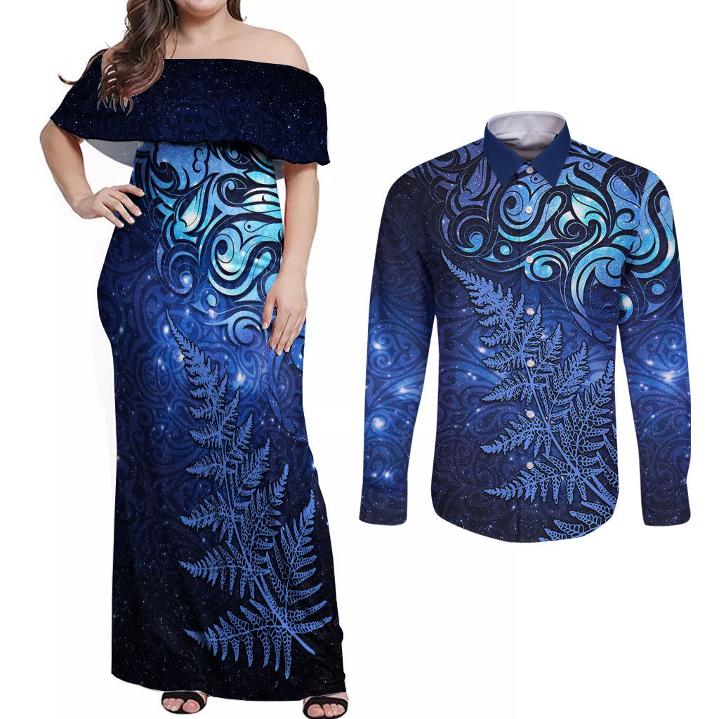 New Zealand Matariki Couples Matching Off Shoulder Maxi Dress and Long Sleeve Button Shirt Maori Pattern and Silver Fern