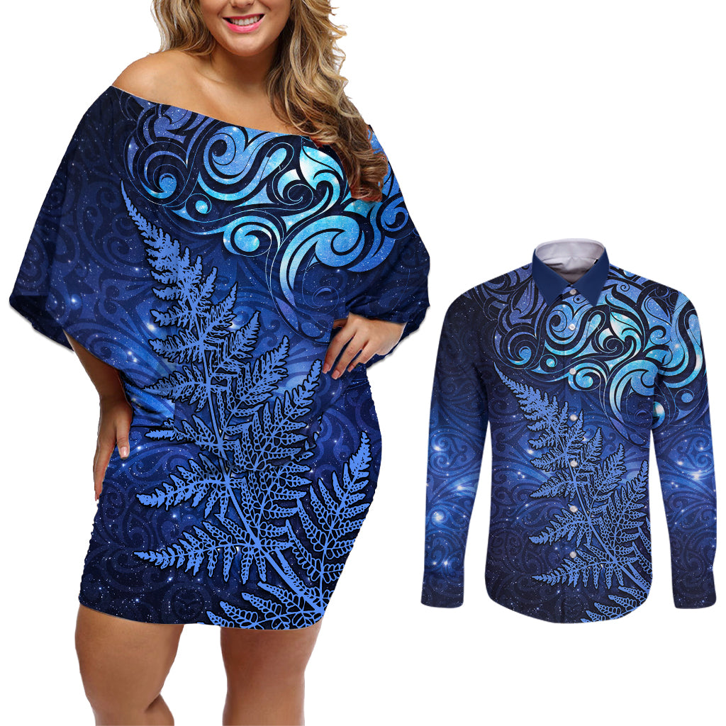 New Zealand Matariki Couples Matching Off Shoulder Short Dress and Long Sleeve Button Shirt Maori Pattern and Silver Fern