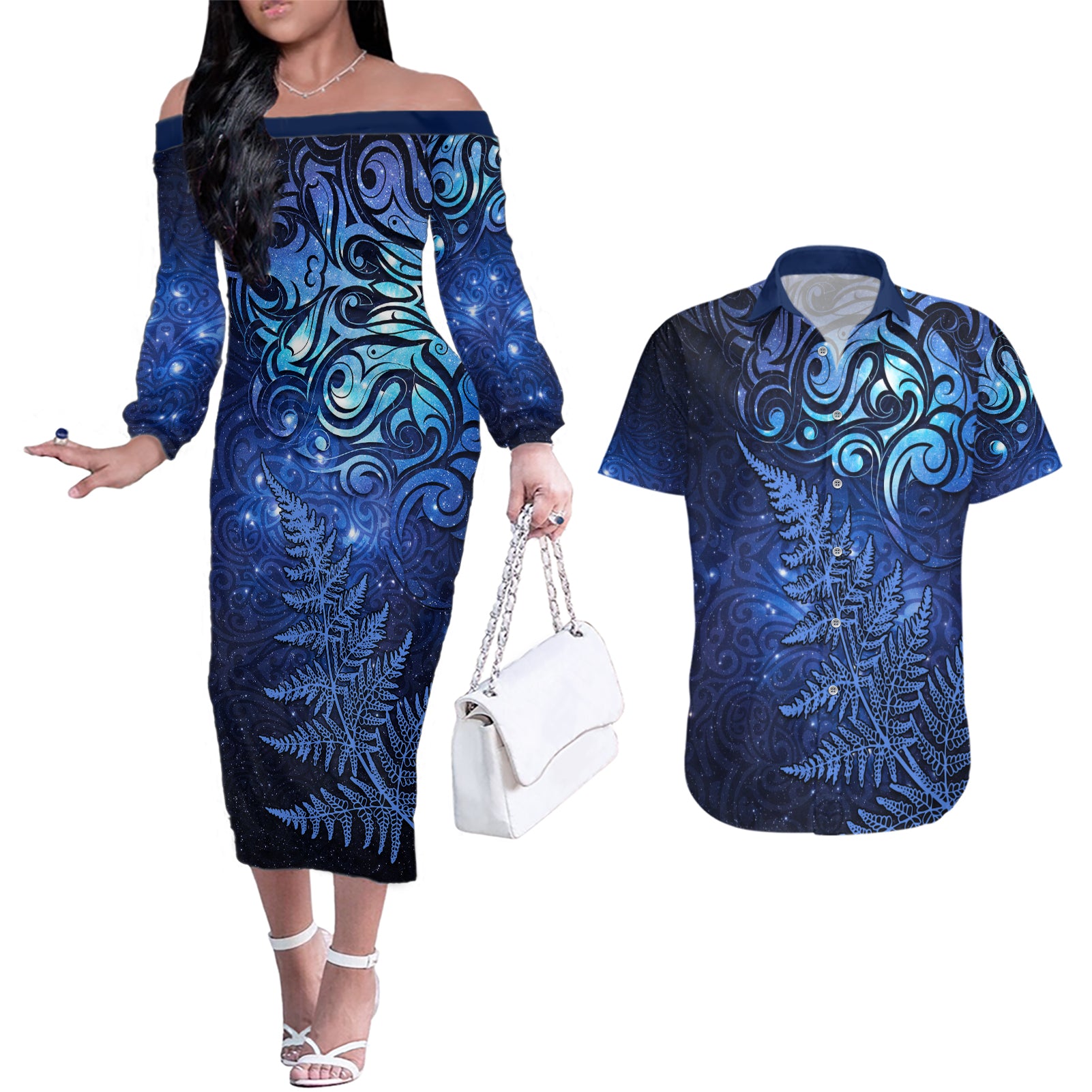 New Zealand Matariki Couples Matching Off The Shoulder Long Sleeve Dress and Hawaiian Shirt Maori Pattern and Silver Fern