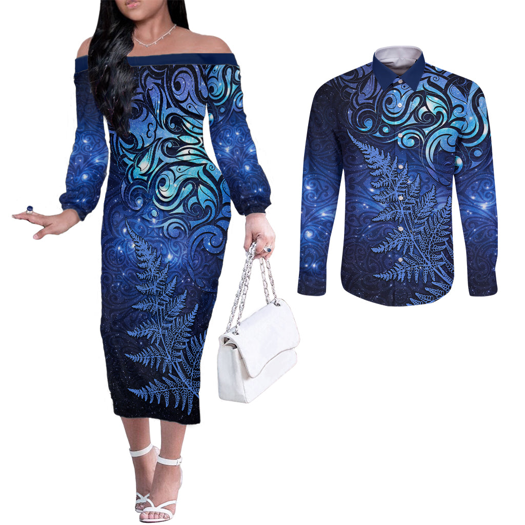 New Zealand Matariki Couples Matching Off The Shoulder Long Sleeve Dress and Long Sleeve Button Shirt Maori Pattern and Silver Fern