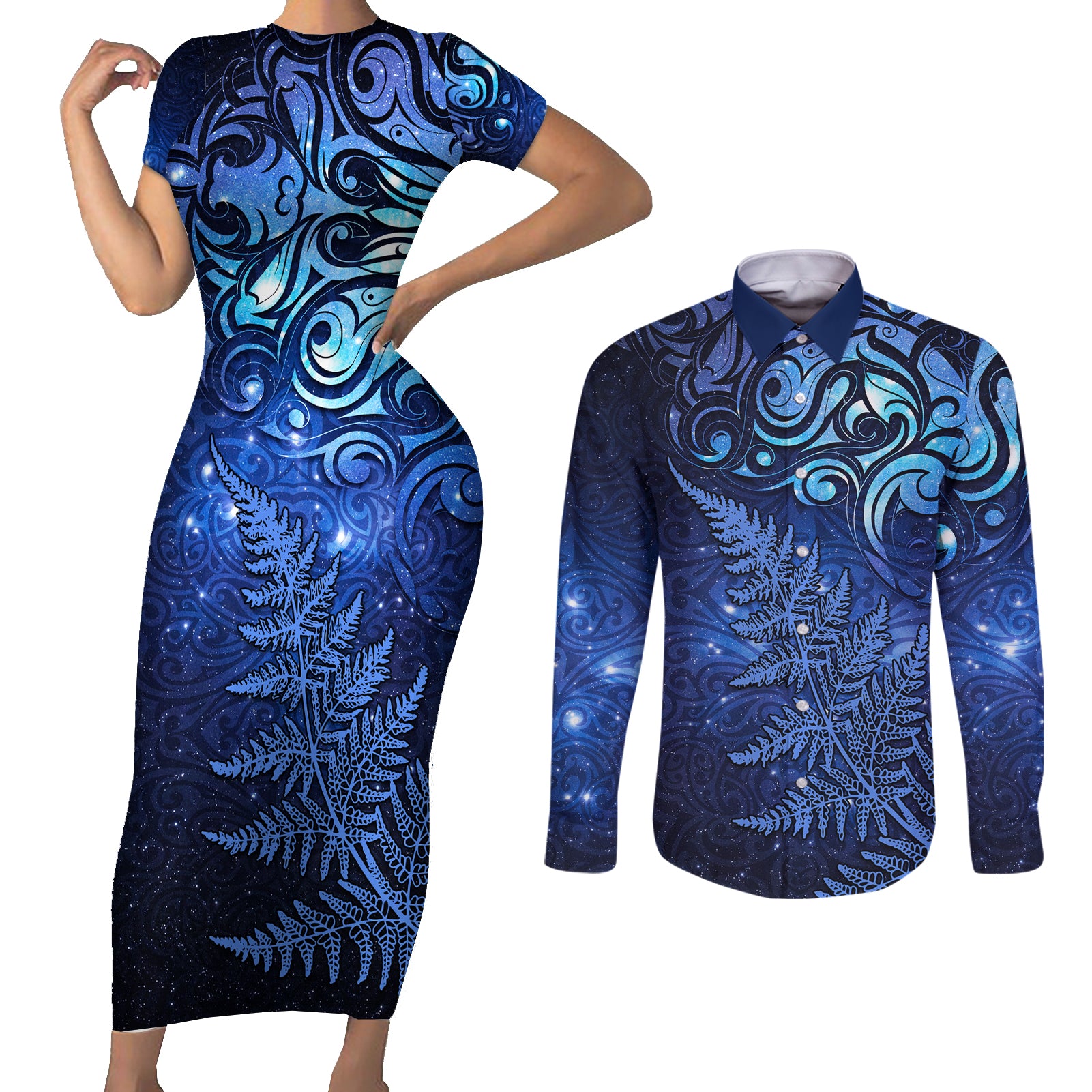 New Zealand Matariki Couples Matching Short Sleeve Bodycon Dress and Long Sleeve Button Shirt Maori Pattern and Silver Fern