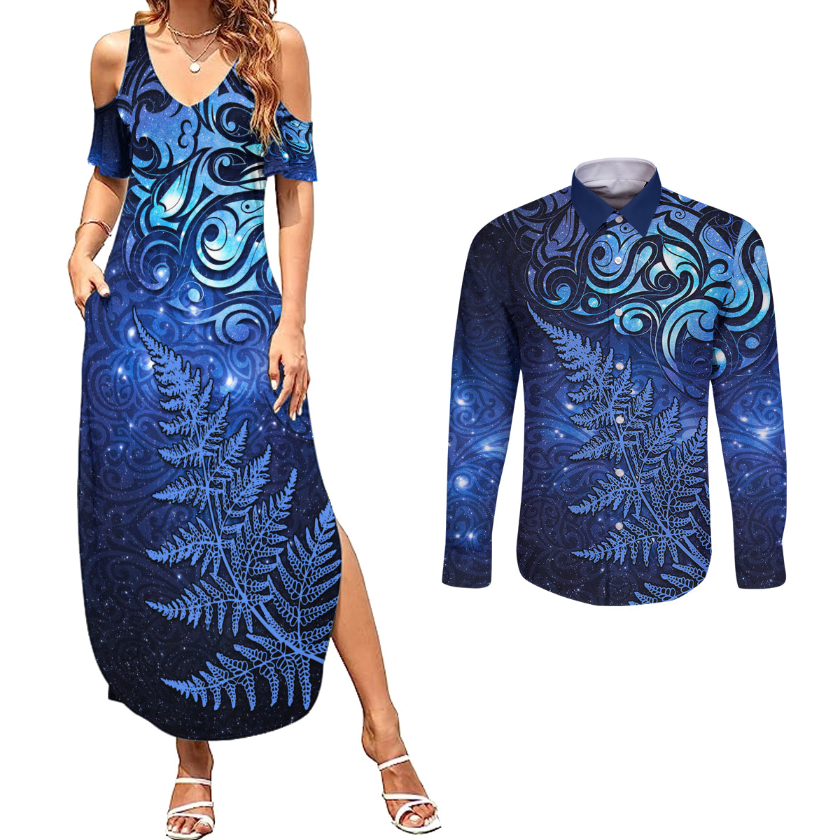 New Zealand Matariki Couples Matching Summer Maxi Dress and Long Sleeve Button Shirt Maori Pattern and Silver Fern