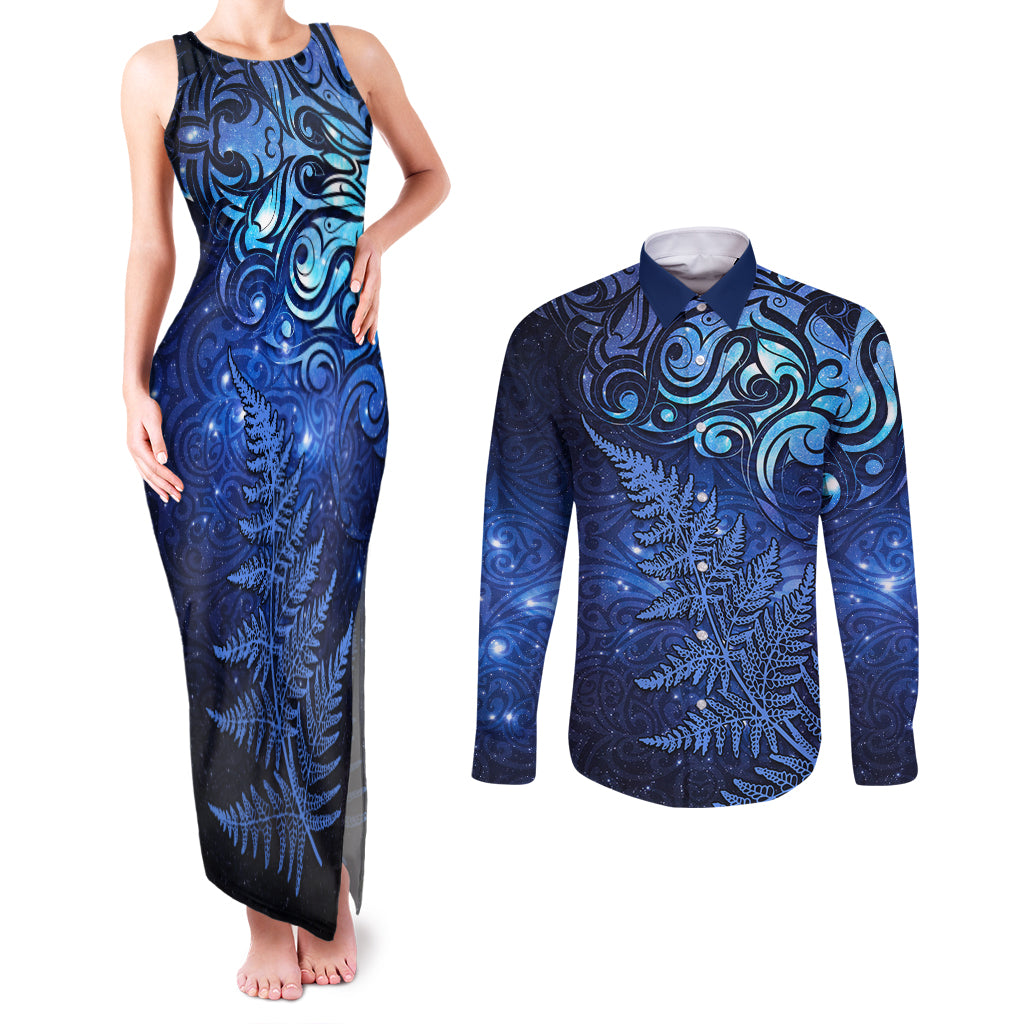 New Zealand Matariki Couples Matching Tank Maxi Dress and Long Sleeve Button Shirt Maori Pattern and Silver Fern