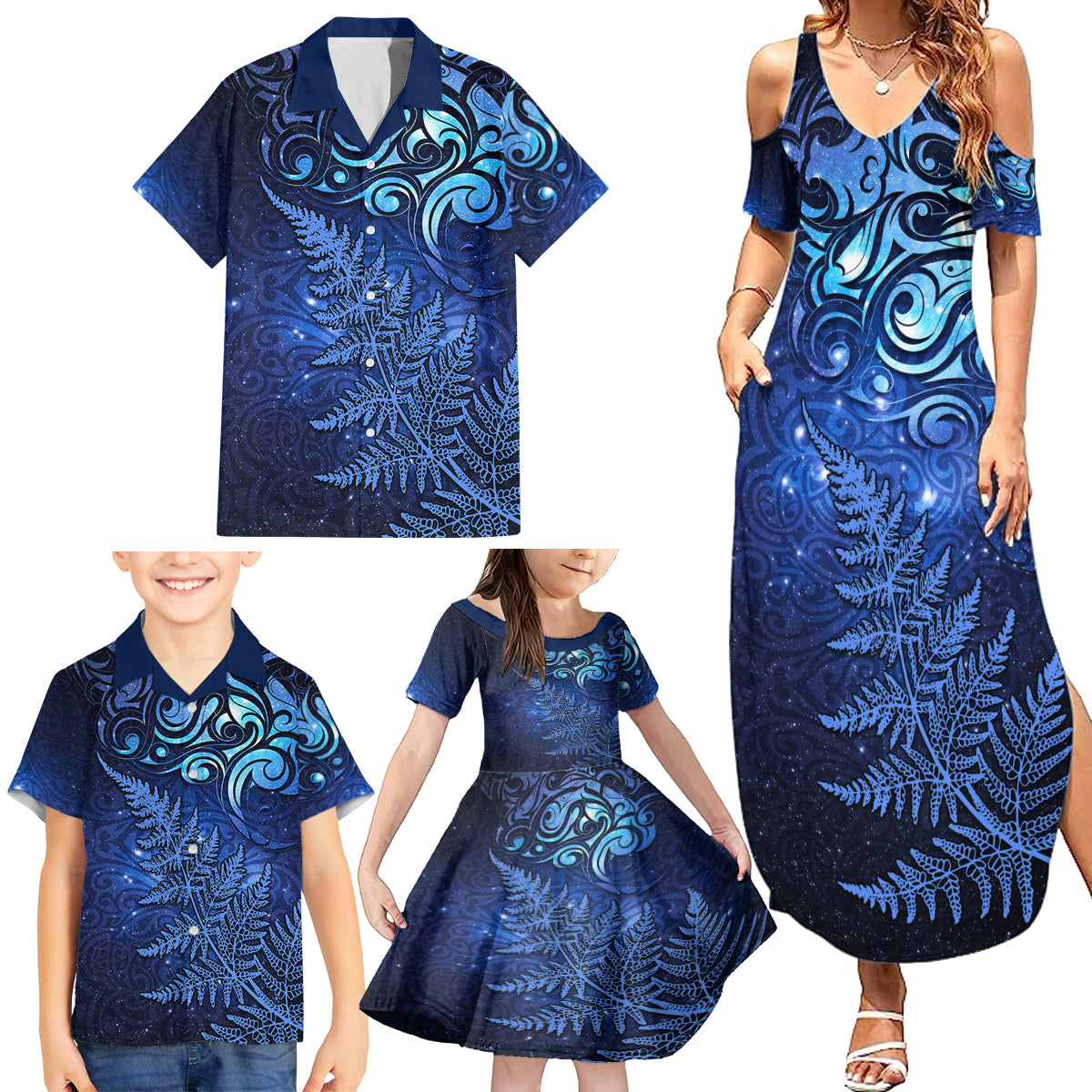 New Zealand Matariki Family Matching Summer Maxi Dress and Hawaiian Shirt Maori Pattern and Silver Fern