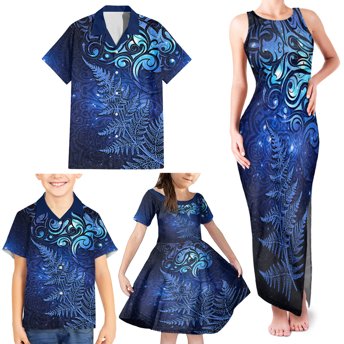 New Zealand Matariki Family Matching Tank Maxi Dress and Hawaiian Shirt Maori Pattern and Silver Fern