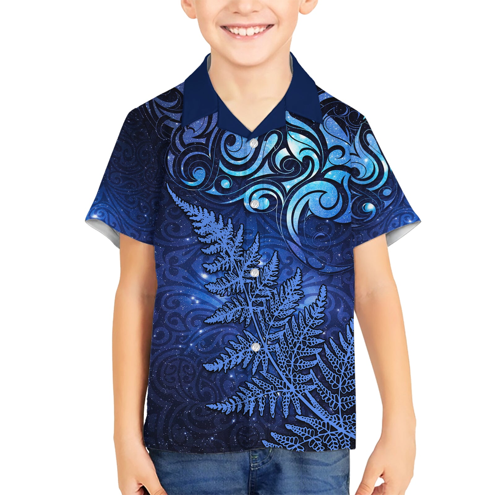 New Zealand Matariki Kid Hawaiian Shirt Maori Pattern and Silver Fern