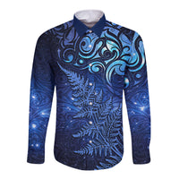 New Zealand Matariki Long Sleeve Button Shirt Maori Pattern and Silver Fern LT03 Unisex Blue - Polynesian Pride