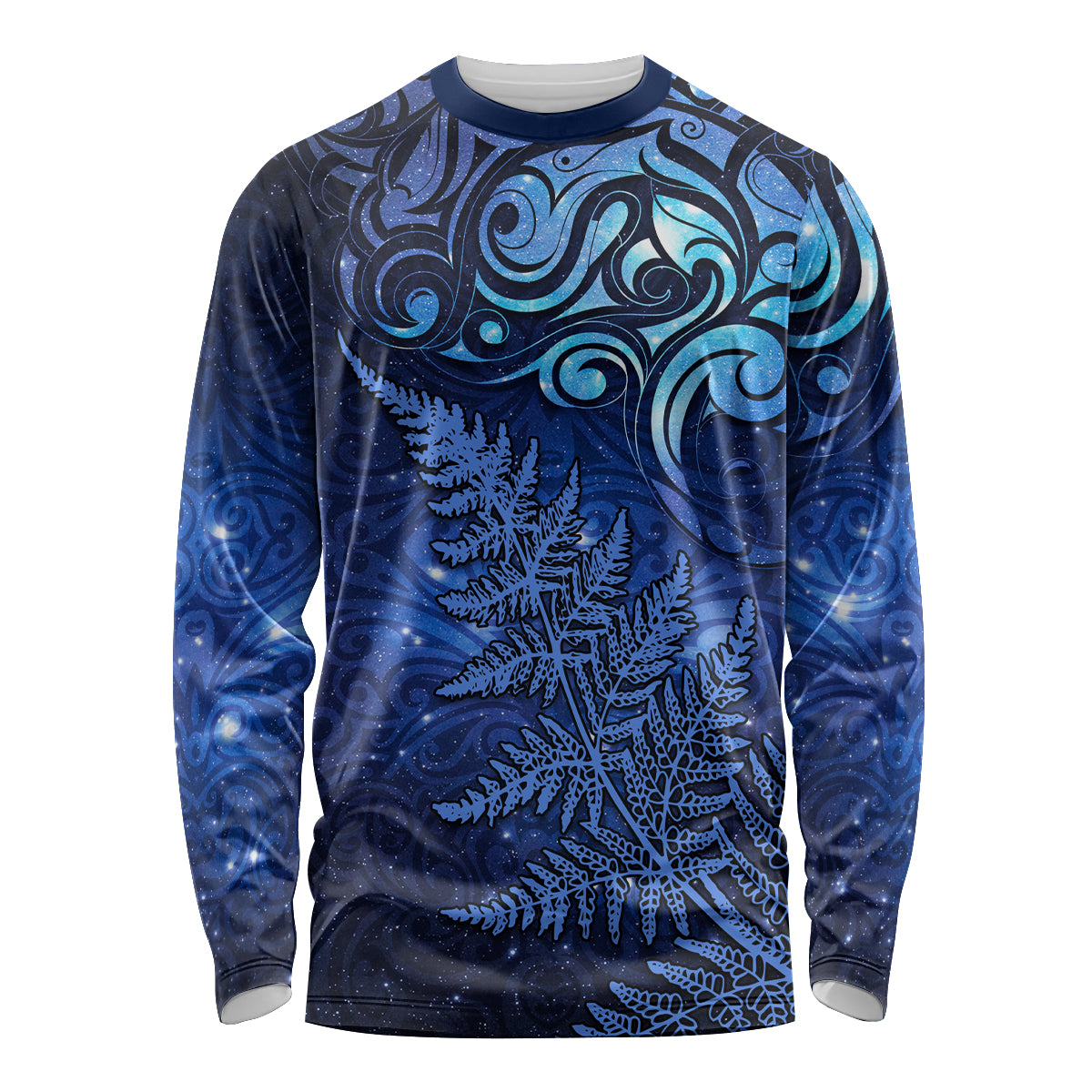 New Zealand Matariki Long Sleeve Shirt Maori Pattern and Silver Fern LT03 Unisex Blue - Polynesian Pride