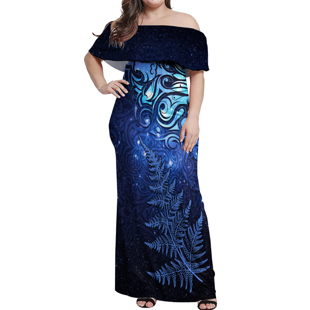 New Zealand Matariki Off Shoulder Maxi Dress Maori Pattern and Silver Fern