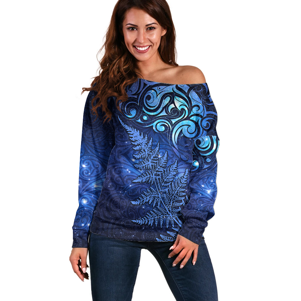 New Zealand Matariki Off Shoulder Sweater Maori Pattern and Silver Fern LT03 Women Blue - Polynesian Pride