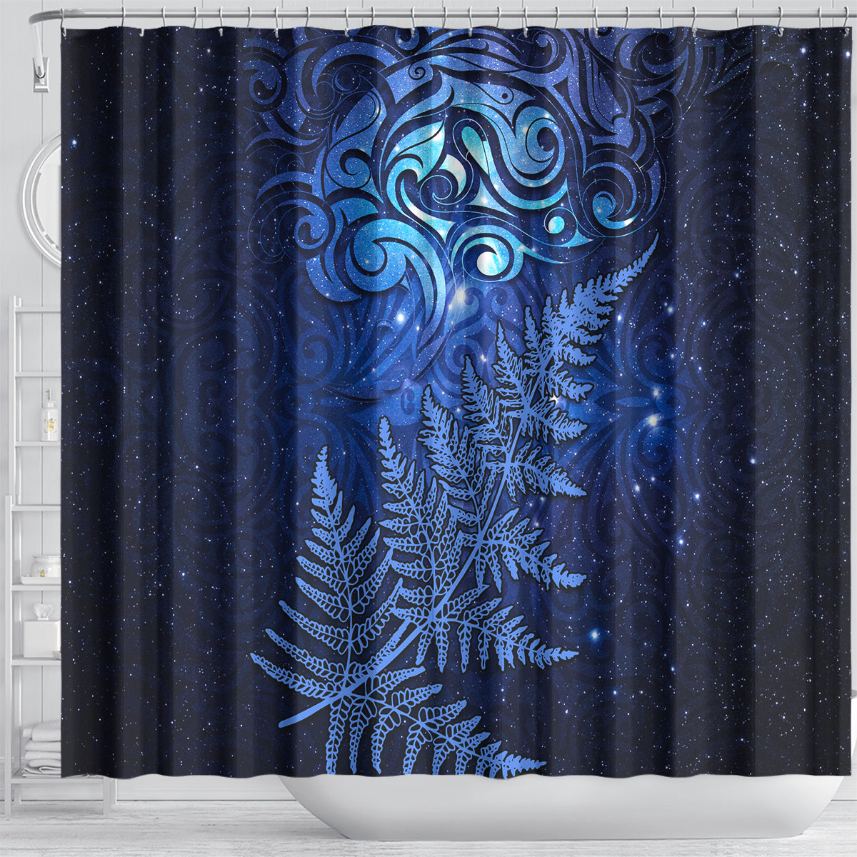 New Zealand Matariki Shower Curtain Maori Pattern and Silver Fern LT03 - Polynesian Pride