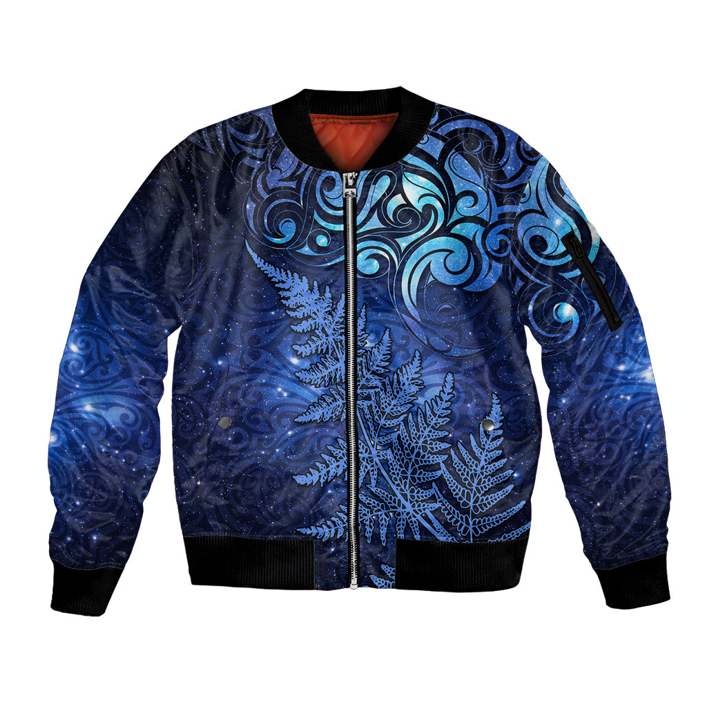 New Zealand Matariki Sleeve Zip Bomber Jacket Maori Pattern and Silver Fern LT03 Unisex Blue - Polynesian Pride