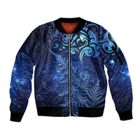 New Zealand Matariki Sleeve Zip Bomber Jacket Maori Pattern and Silver Fern LT03 Unisex Blue - Polynesian Pride