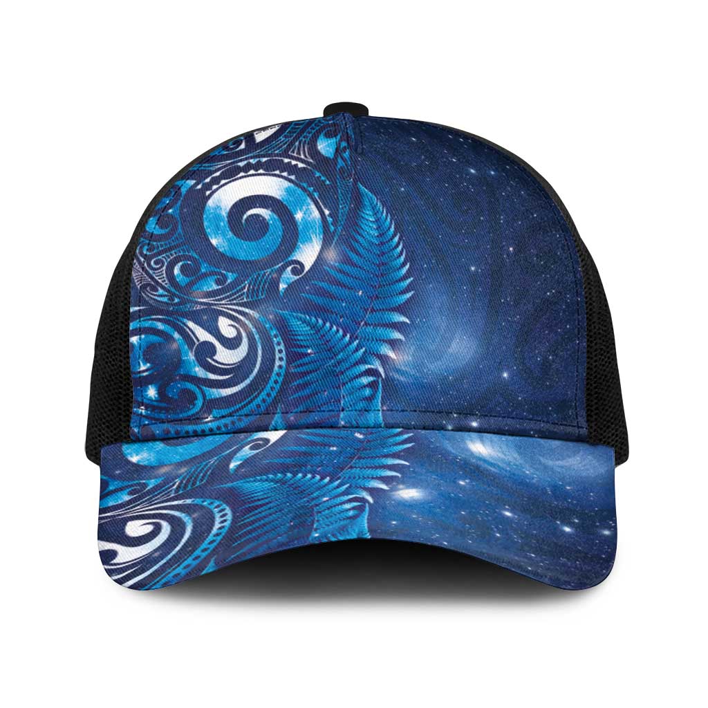 Aotearoa New Zealand New Year Baseball Net Cap Tribal Koru Tattoo Blue Galaxy Maori Silver Fern LT03 One Size Black Blue - Polynesian Pride