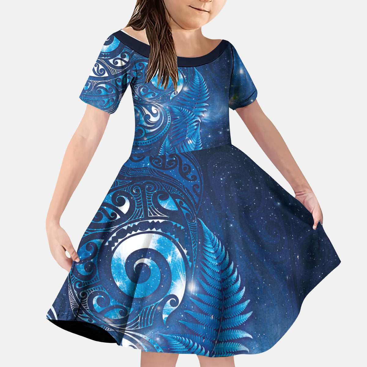 Aotearoa New Zealand New Year Kid Short Sleeve Dress Tribal Koru Tattoo Blue Galaxy Maori Silver Fern LT03 KID Blue - Polynesian Pride