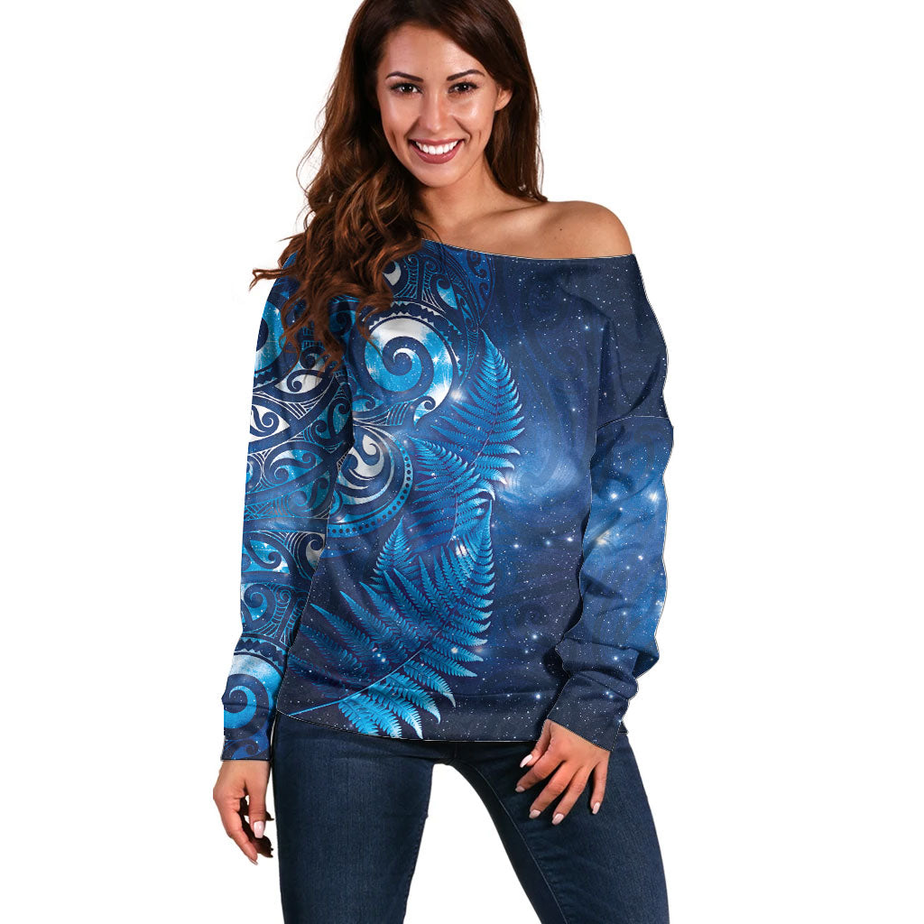Aotearoa New Zealand New Year Off Shoulder Sweater Tribal Koru Tattoo Blue Galaxy Maori Silver Fern LT03 Women Blue - Polynesian Pride