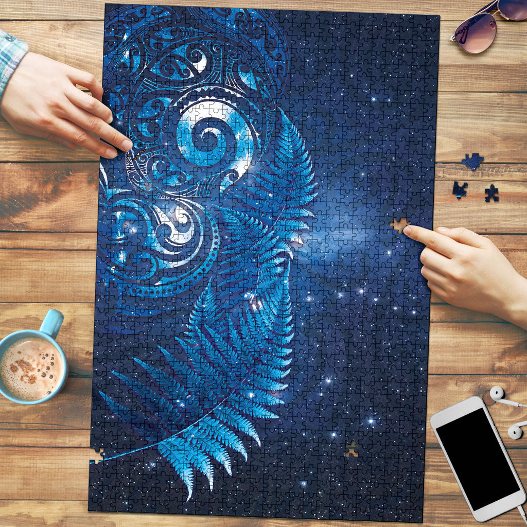 Aotearoa New Zealand New Year Puzzle Tribal Koru Tattoo Blue Galaxy Maori Silver Fern LT03 Blue - Polynesian Pride