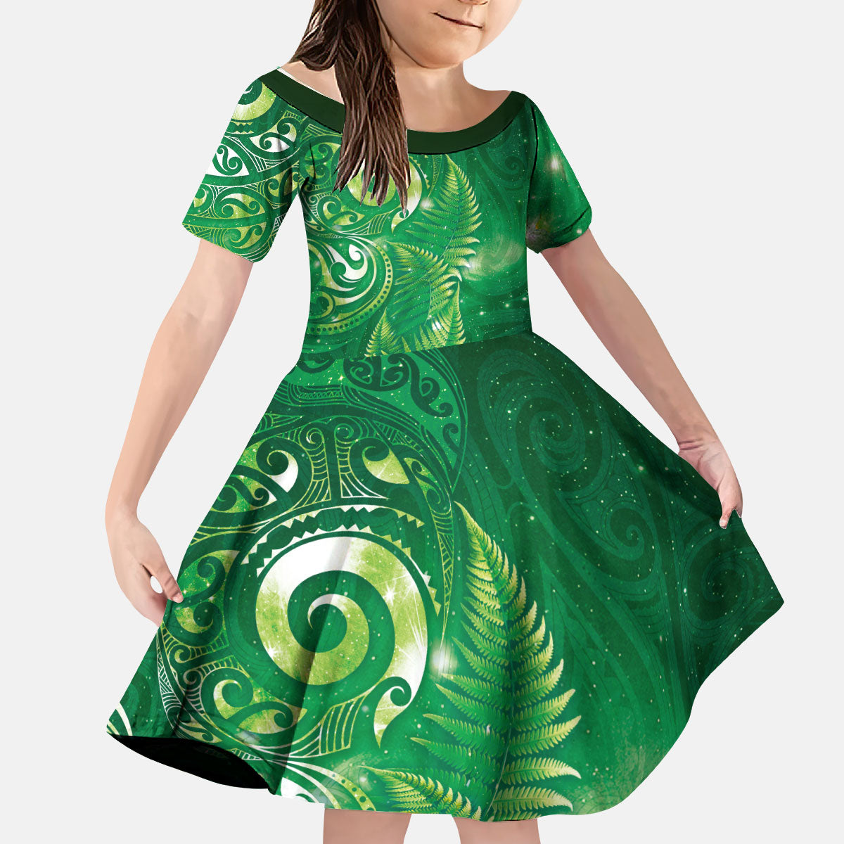 Aotearoa New Zealand New Year Kid Short Sleeve Dress Tribal Koru Tattoo Green Galaxy Maori Silver Fern LT03 KID Green - Polynesian Pride