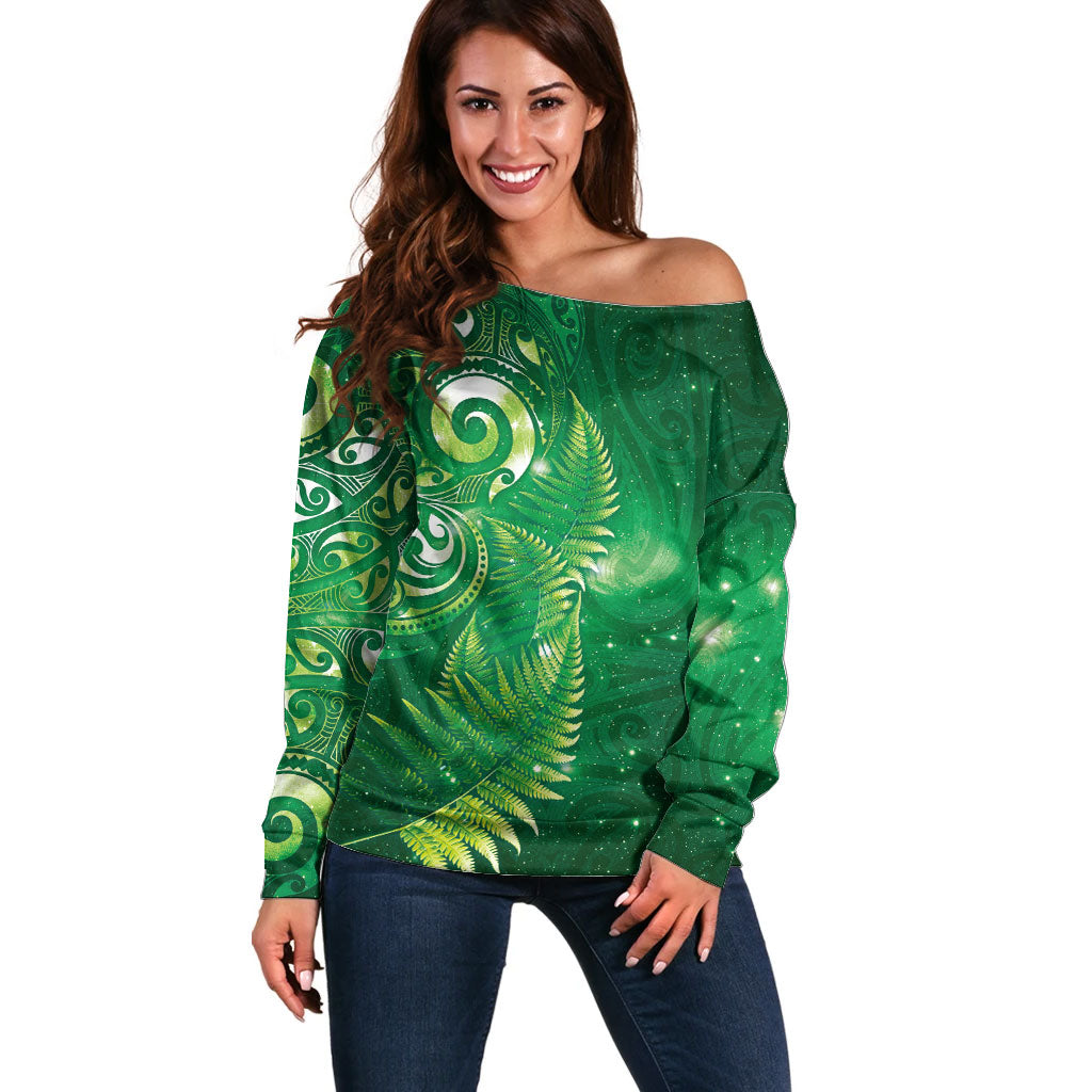 Aotearoa New Zealand New Year Off Shoulder Sweater Tribal Koru Tattoo Green Galaxy Maori Silver Fern LT03 Women Green - Polynesian Pride