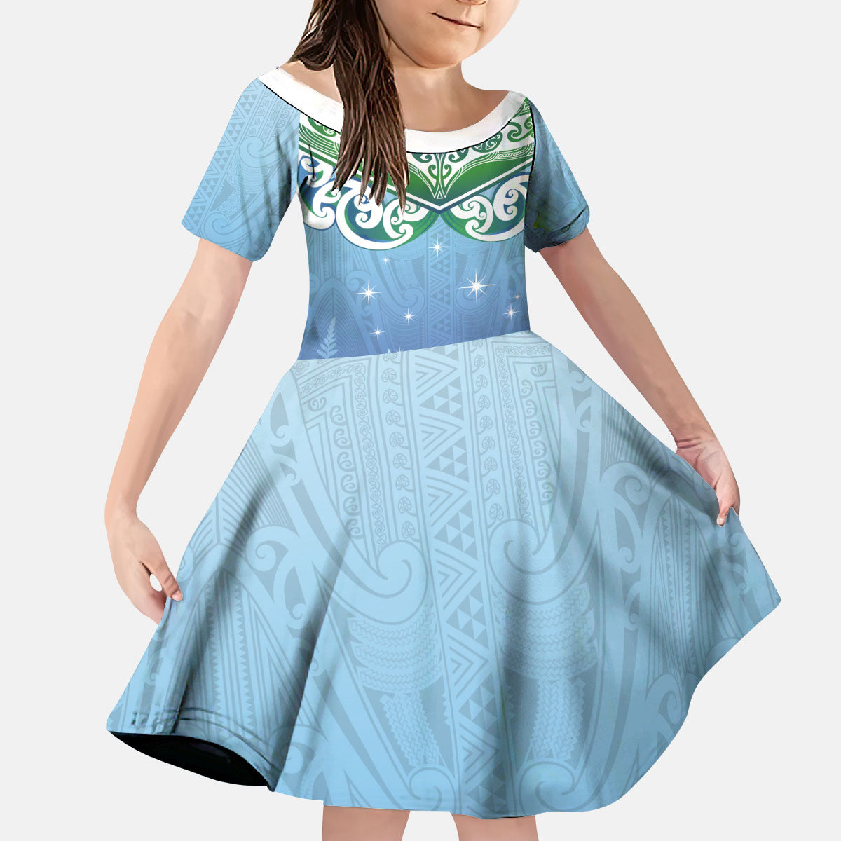 Aotearoa New Zealand New Year Kid Short Sleeve Dress Maori Motifs with Silver Fern and Matariki Stars LT03 KID Multicolor - Polynesian Pride
