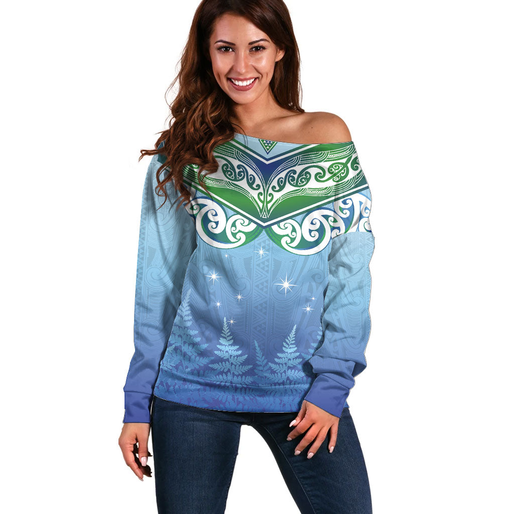 Aotearoa New Zealand New Year Off Shoulder Sweater Maori Motifs with Silver Fern and Matariki Stars LT03 Women Multicolor - Polynesian Pride