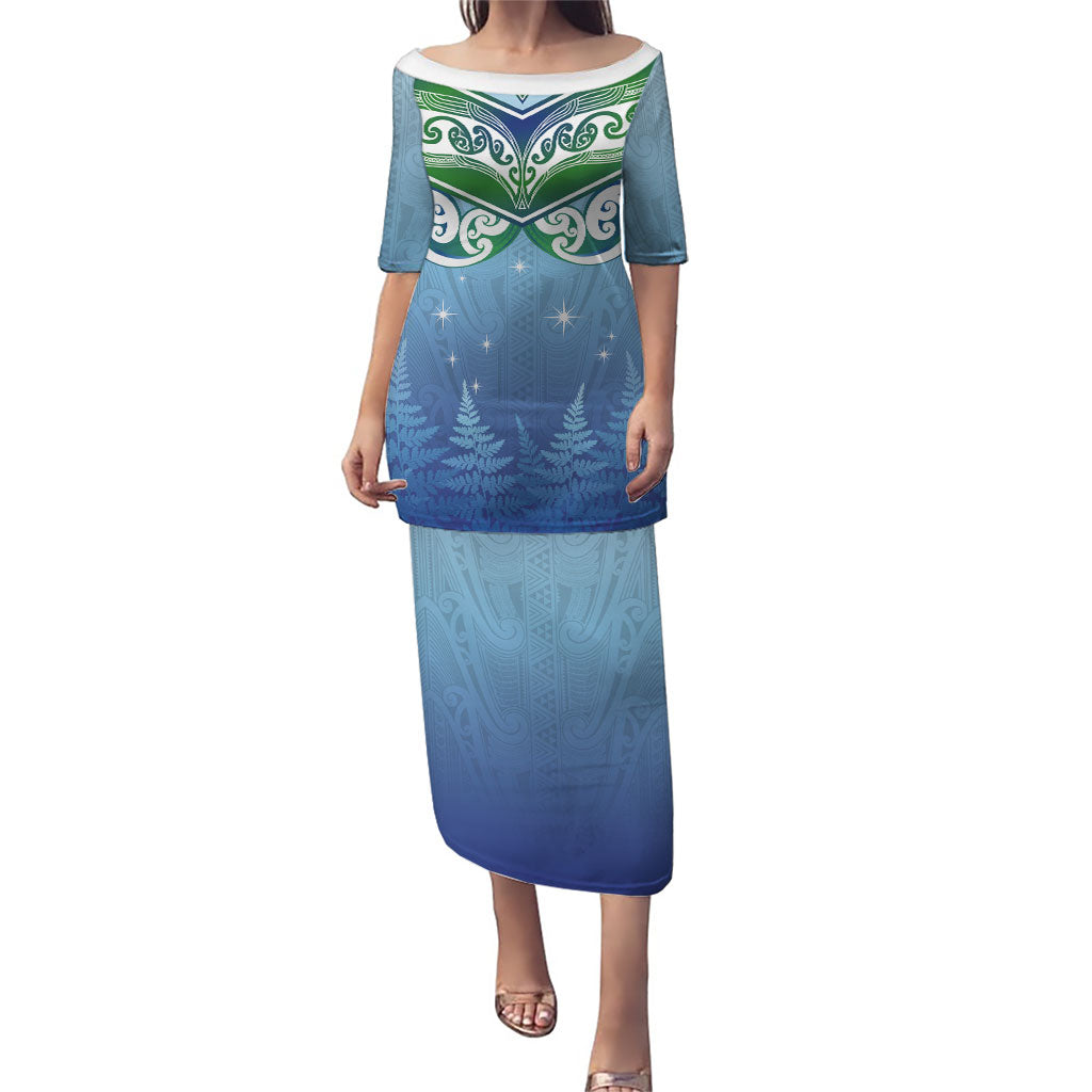 Aotearoa New Zealand New Year Puletasi Maori Motifs with Silver Fern and Matariki Stars LT03 Long Dress Multicolor - Polynesian Pride