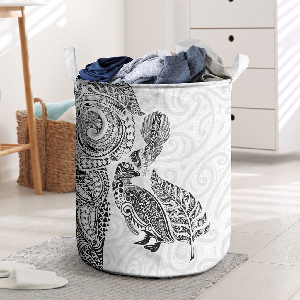 Aotearoa Moko Tribal Tattoo Laundry Basket New Zealand Maori Penguin and Fantail White Color LT03 White - Polynesian Pride