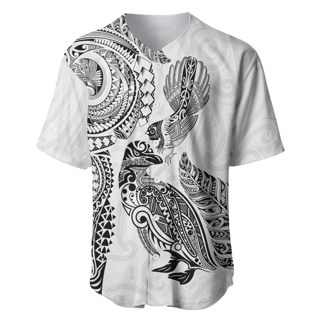 Aotearoa Moko Tribal Tattoo Baseball Jersey New Zealand Maori Penguin and Fantail White Color LT03 White - Polynesian Pride