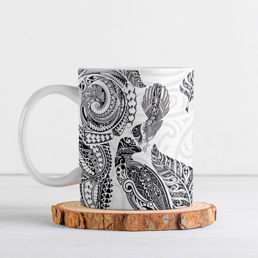 Aotearoa Moko Tribal Tattoo Ceramic Mug New Zealand Maori Penguin and Fantail White Color LT03 White - Polynesian Pride
