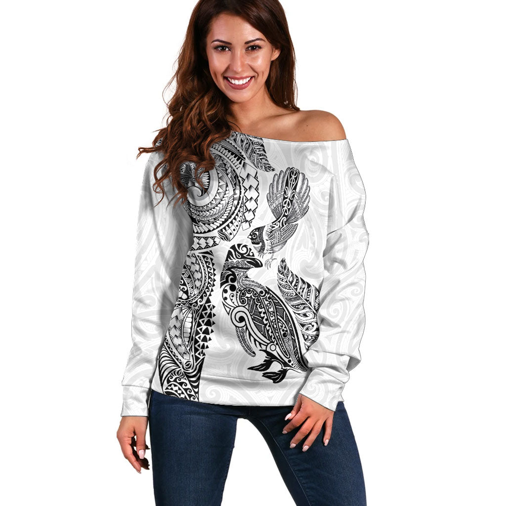 Aotearoa Moko Tribal Tattoo Off Shoulder Sweater New Zealand Maori Penguin and Fantail White Color LT03 Women White - Polynesian Pride