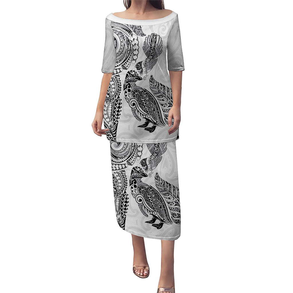 Aotearoa Moko Tribal Tattoo Puletasi New Zealand Maori Penguin and Fantail White Color LT03 Long Dress White - Polynesian Pride