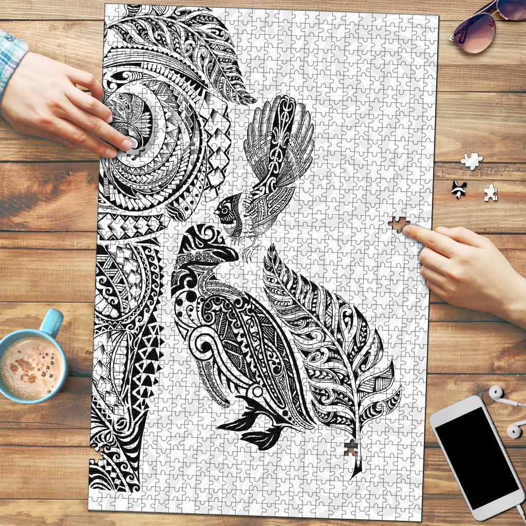 Aotearoa Moko Tribal Tattoo Puzzle New Zealand Maori Penguin and Fantail White Color LT03 White - Polynesian Pride