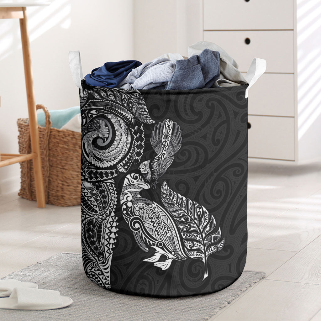Aotearoa Moko Tribal Tattoo Laundry Basket New Zealand Maori Penguin and Fantail Black Color LT03 Black - Polynesian Pride