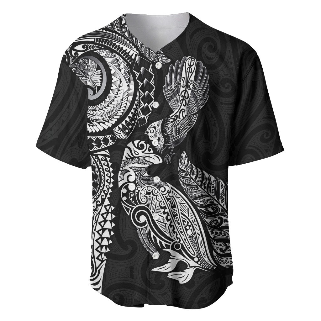 Aotearoa Moko Tribal Tattoo Baseball Jersey New Zealand Maori Penguin and Fantail Black Color LT03 Black - Polynesian Pride