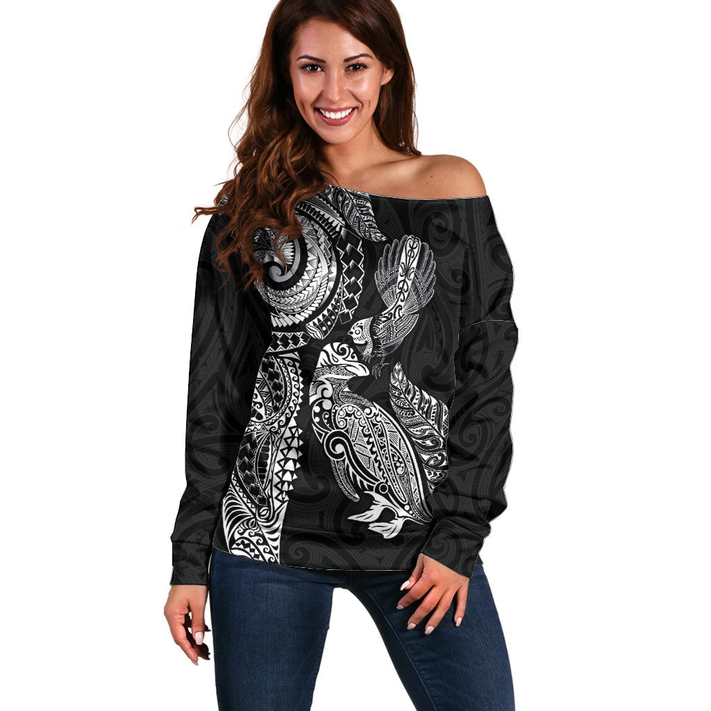 Aotearoa Moko Tribal Tattoo Off Shoulder Sweater New Zealand Maori Penguin and Fantail Black Color LT03 Women Black - Polynesian Pride