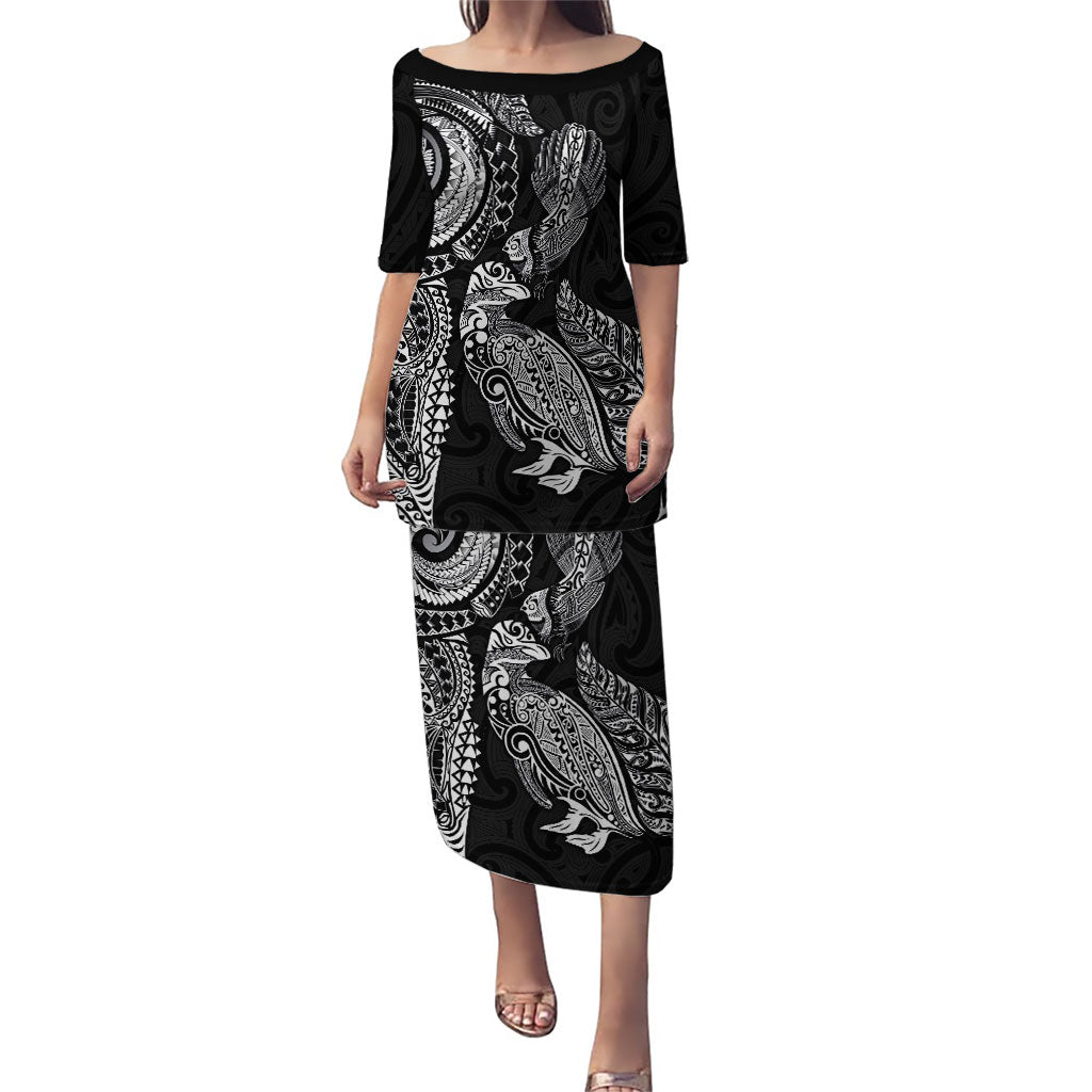 Aotearoa Moko Tribal Tattoo Puletasi New Zealand Maori Penguin and Fantail Black Color LT03 Long Dress Black - Polynesian Pride