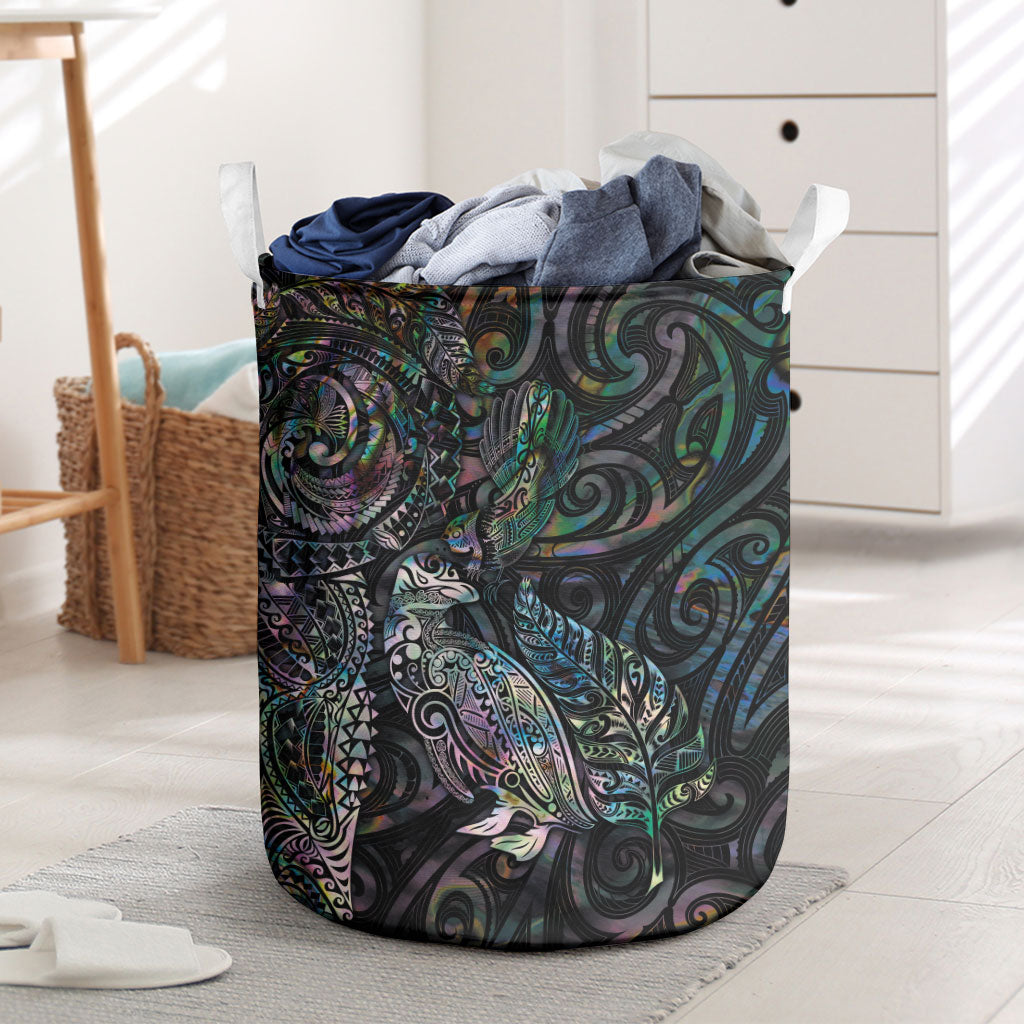 Aotearoa Moko Tribal Tattoo Laundry Basket New Zealand Maori Penguin and Fantail Paua Shell Style LT03 Multicolor - Polynesian Pride