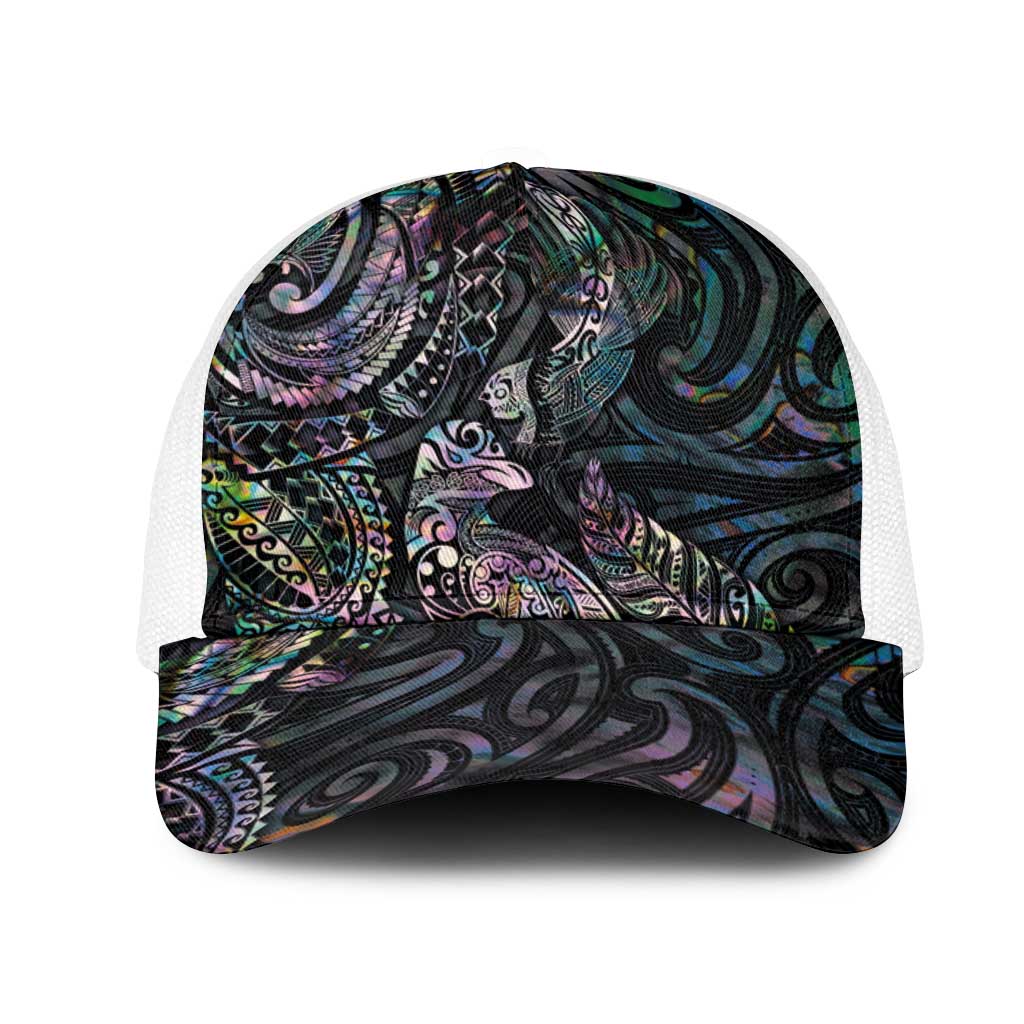 Aotearoa Moko Tribal Tattoo Mesh Trucker Cap New Zealand Maori Penguin and Fantail Paua Shell Style LT03 One Size White Multicolor - Polynesian Pride