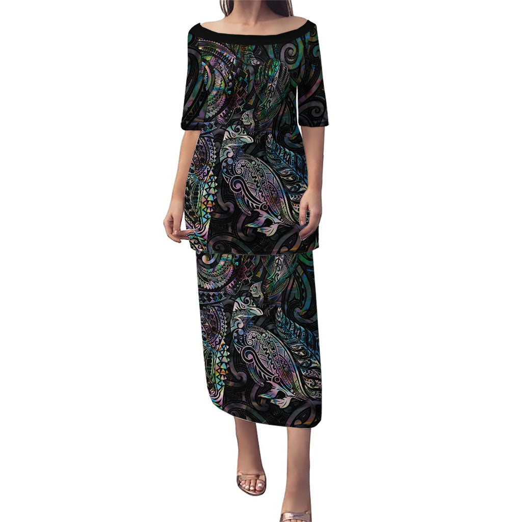Aotearoa Moko Tribal Tattoo Puletasi New Zealand Maori Penguin and Fantail Paua Shell Style LT03 Long Dress Multicolor - Polynesian Pride