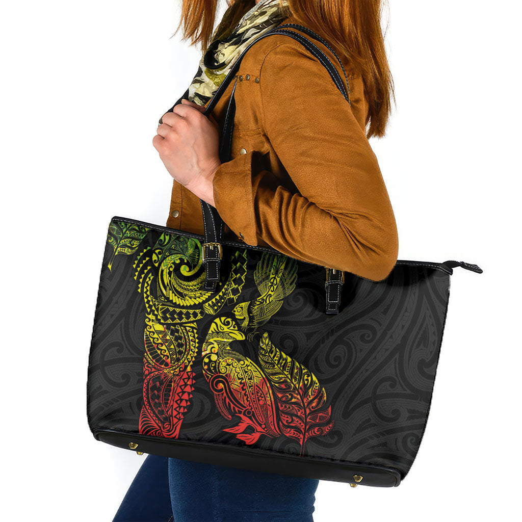 Aotearoa Moko Tribal Tattoo Leather Tote Bag New Zealand Maori Penguin and Fantail Reggae Style LT03 Multicolor - Polynesian Pride