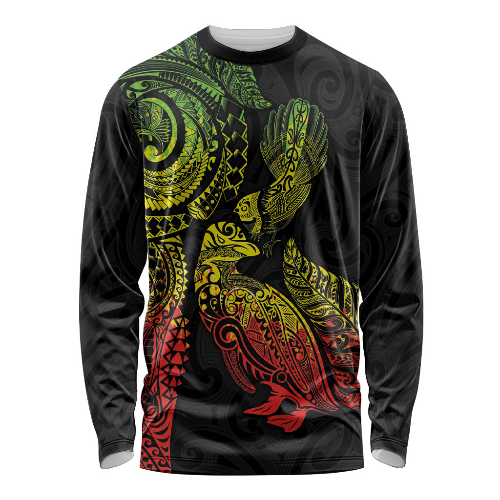 Aotearoa Moko Tribal Tattoo Long Sleeve Shirt New Zealand Maori Penguin and Fantail Reggae Style LT03 Unisex Multicolor - Polynesian Pride