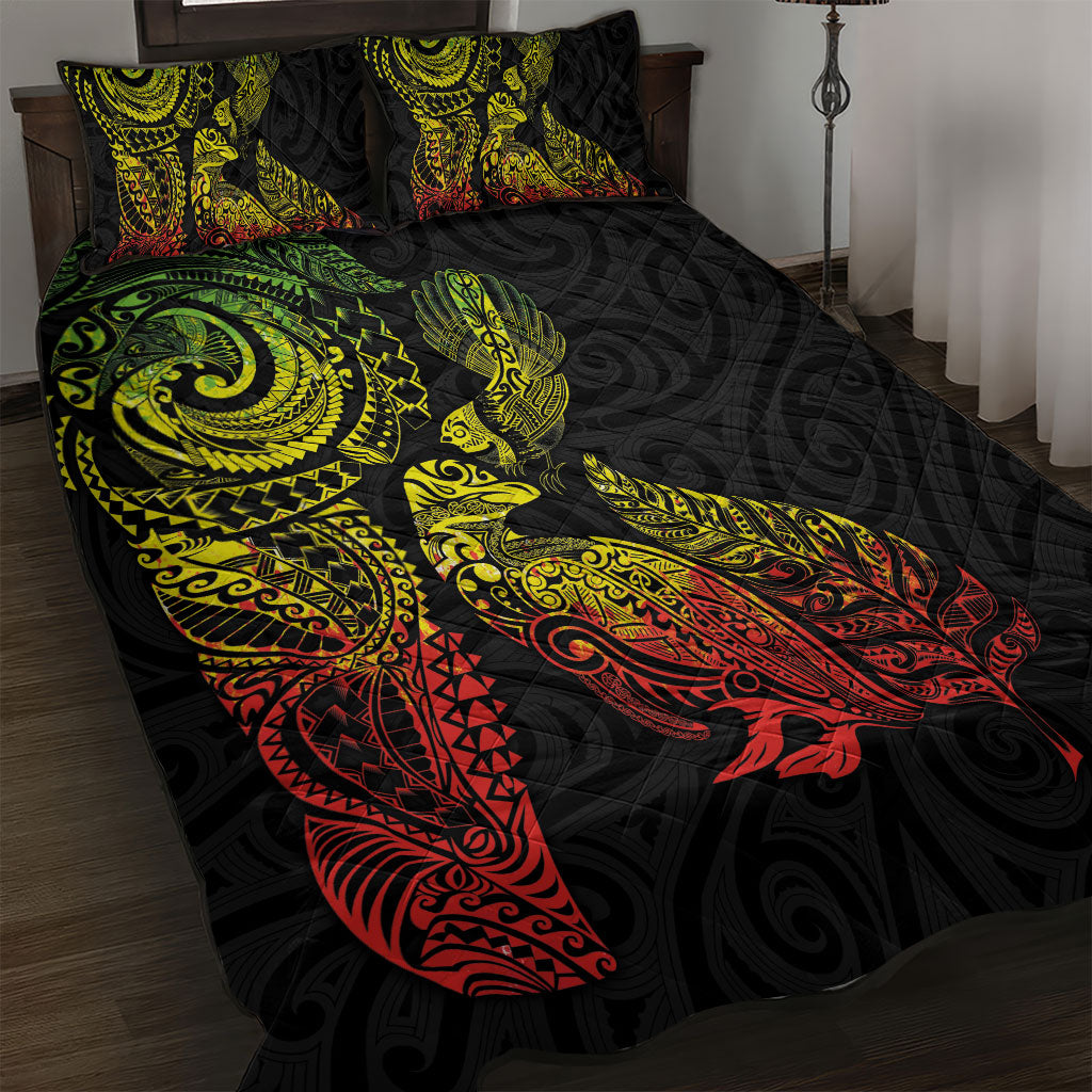 Aotearoa Moko Tribal Tattoo Quilt Bed Set New Zealand Maori Penguin and Fantail Reggae Style LT03 Multicolor - Polynesian Pride