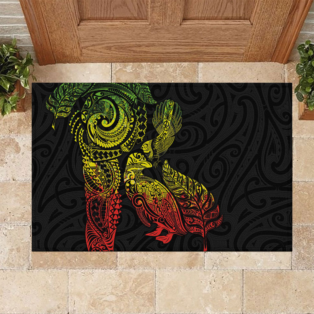 Aotearoa Moko Tribal Tattoo Rubber Doormat New Zealand Maori Penguin and Fantail Reggae Style LT03 Multicolor - Polynesian Pride