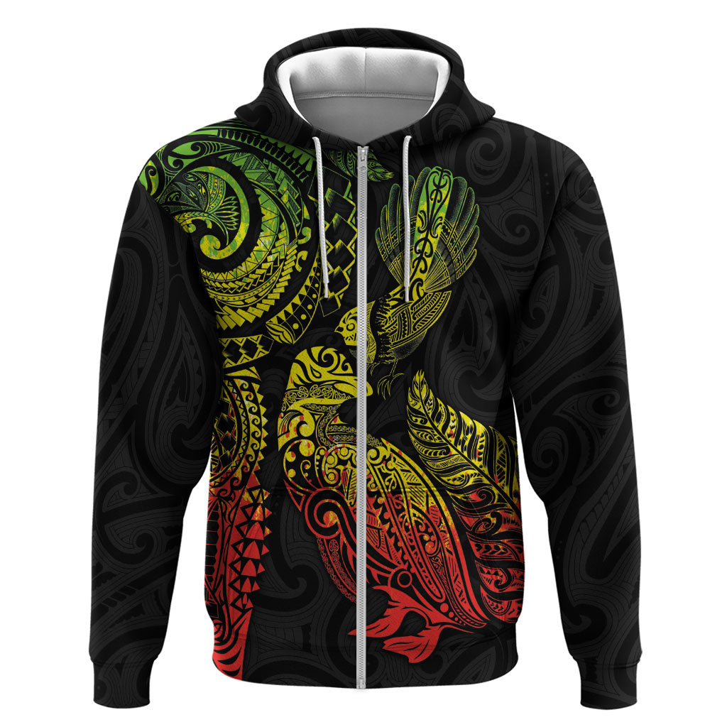 Aotearoa Moko Tribal Tattoo Zip Hoodie New Zealand Maori Penguin and Fantail Reggae Style LT03 Zip Hoodie Multicolor - Polynesian Pride