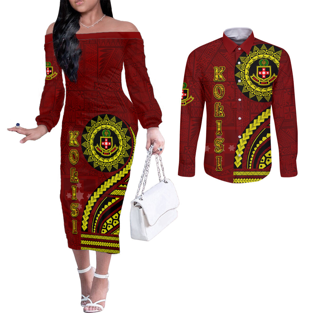 Kolisi Tonga Atele Couples Matching Off The Shoulder Long Sleeve Dress and Long Sleeve Button Shirt Ngatu and Polynesian Pattern