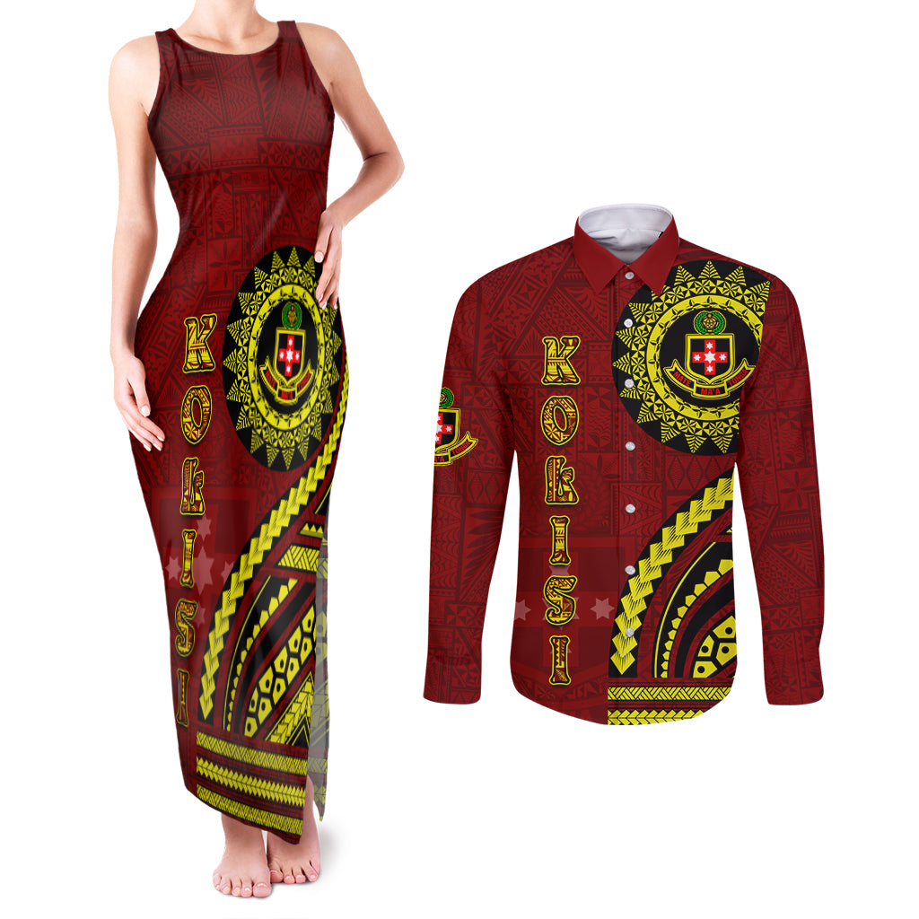 Kolisi Tonga Atele Couples Matching Tank Maxi Dress and Long Sleeve Button Shirt Ngatu and Polynesian Pattern LT03 Red - Polynesian Pride