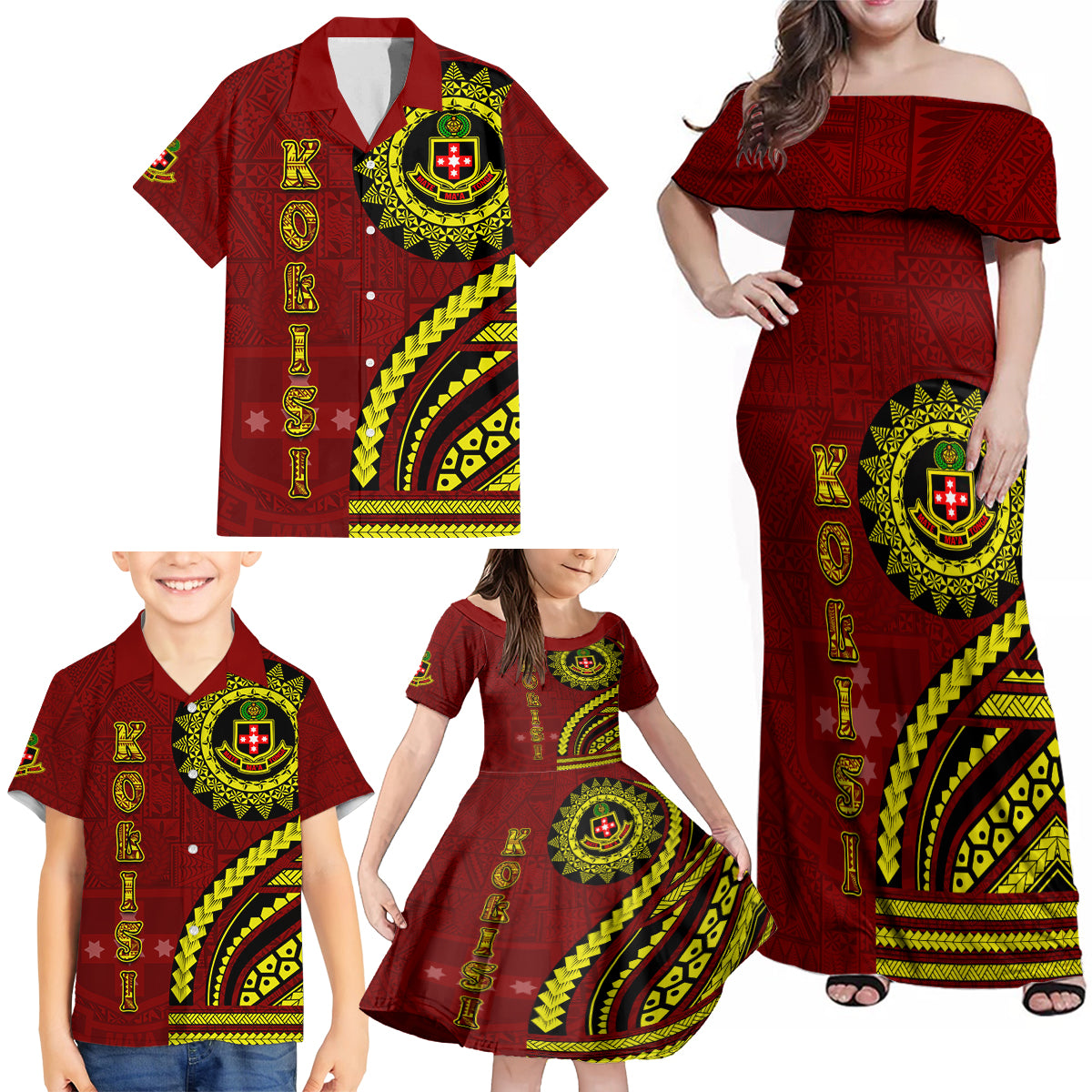 Kolisi Tonga Atele Family Matching Off Shoulder Maxi Dress and Hawaiian Shirt Ngatu and Polynesian Pattern