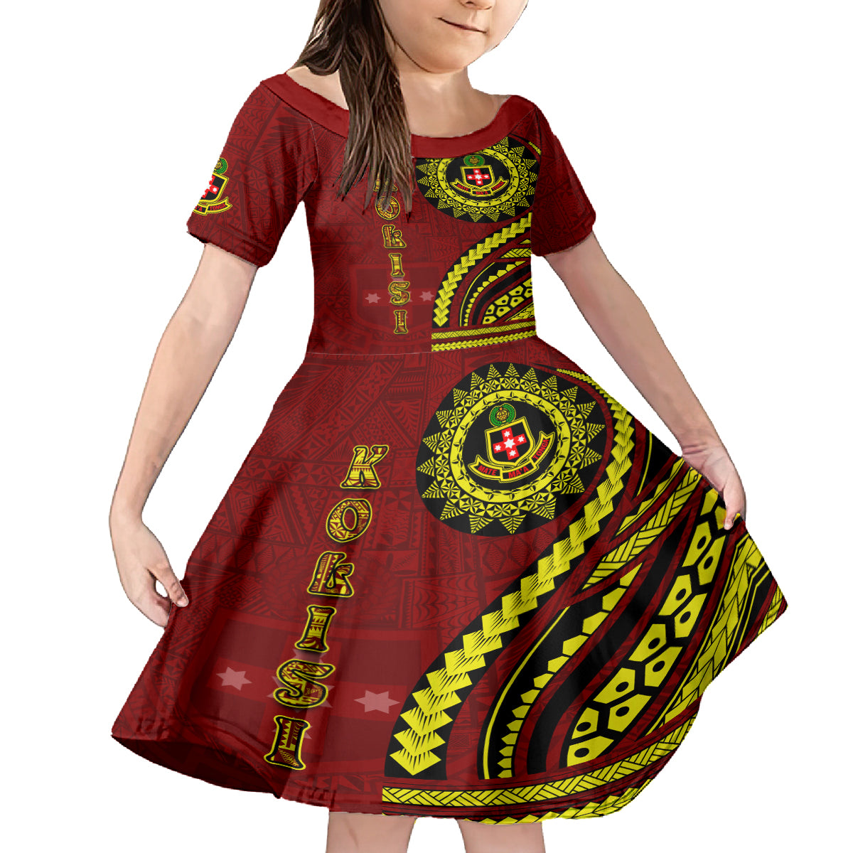 Kolisi Tonga Atele Kid Short Sleeve Dress Ngatu and Polynesian Pattern LT03 KID Red - Polynesian Pride